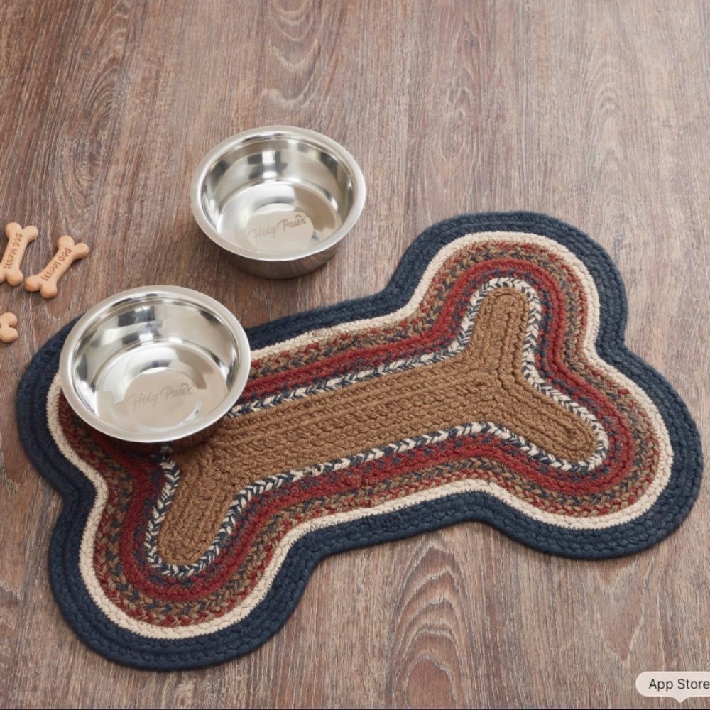 Dog Bone Shape Jute Braided Rug Pet Feeder Rustic Country Multi Colored
